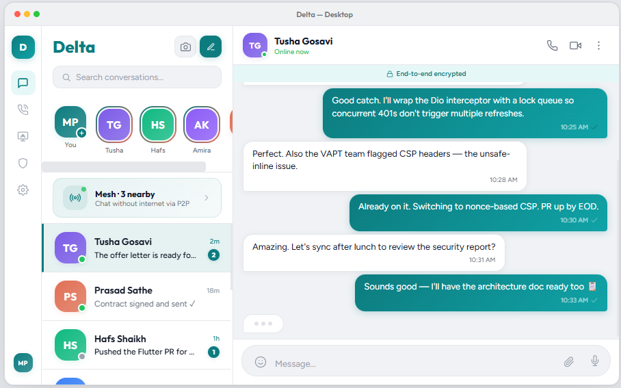 Delta enterprise secure messaging app on desktop and mobile showing encrypted chats, calls and meetings